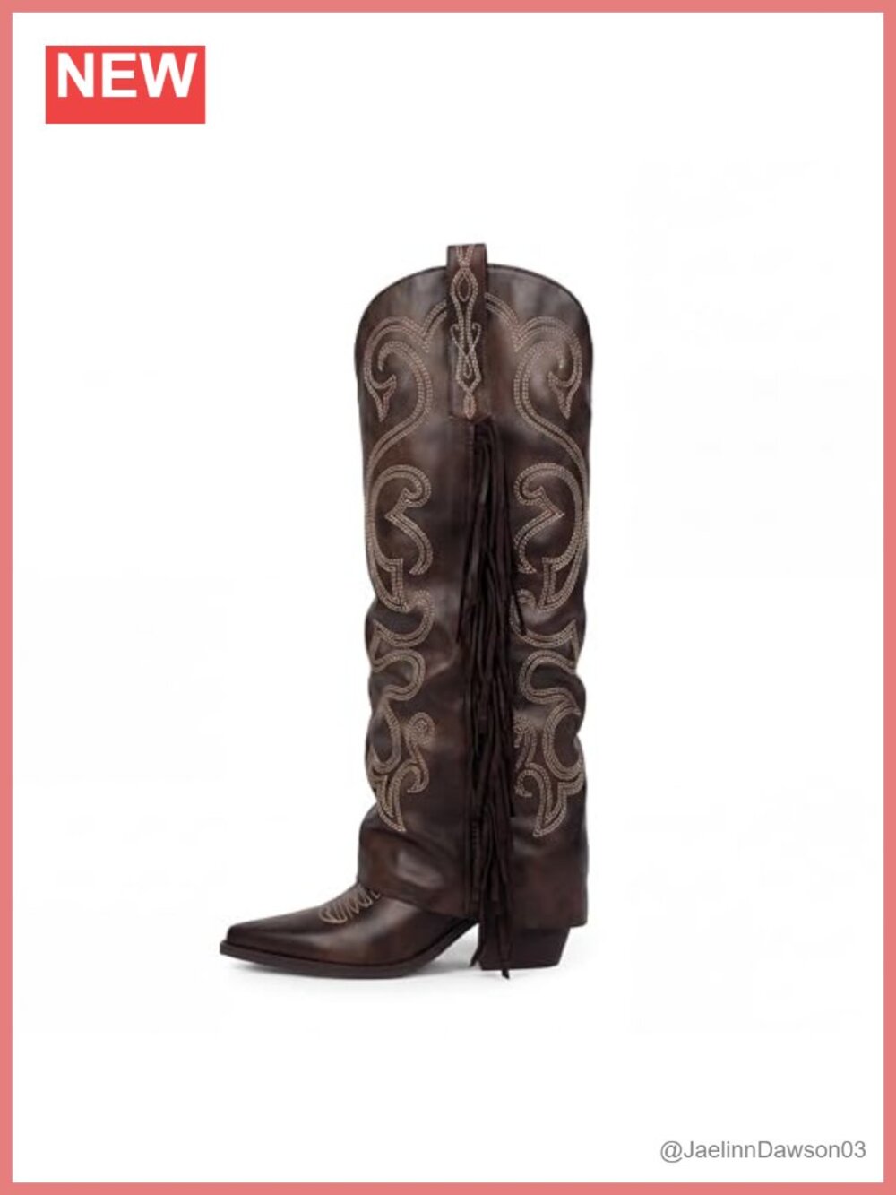 Faux Leather Fold Over Fringe Embroidered Knee High Cowgirl Boots, Chunky Block